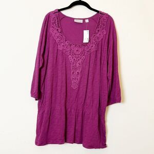 Avenue Boho Peasant Top Raspberry Crochet Trim Scoop Neck Smocked Waist, 18/20